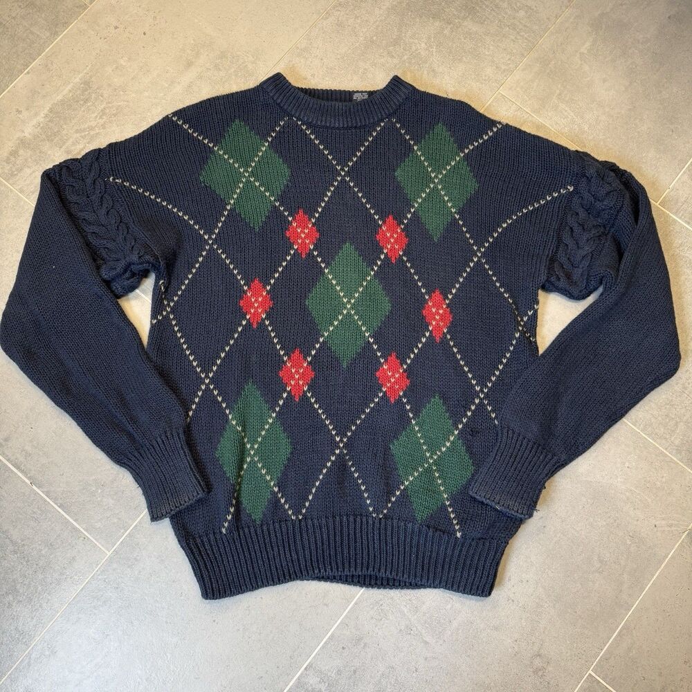 Vintage Structure Sweater Men’s XL Blue Argyle Cable Knit Sleeves Heavyweight